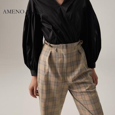 China 2022 High Waist Anti-wrinkle Women Plaid Pants Loose Pants Women Casual Sweatpants Pleated Pants for sale