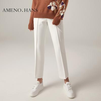 China White Elegant Elastic Waist Office Lady Fashionable Women's Long Trousers Straight Pencil Pants for sale