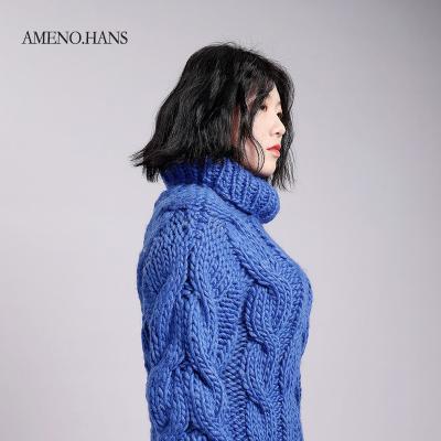 China Women's Loose Knitted Handmade Sweater Sweater Ladies Thick Blue Orange Turtle Neck Anti-Shrink Collar for sale