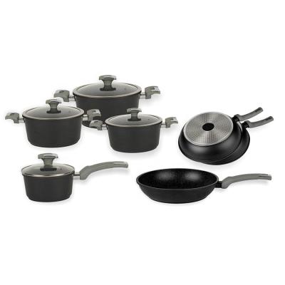 China Wholesale 11 Pcs Sustainable Die Casting Non Stick Marble Cookware Set With Silicone Lid And Induction Glass Base for sale