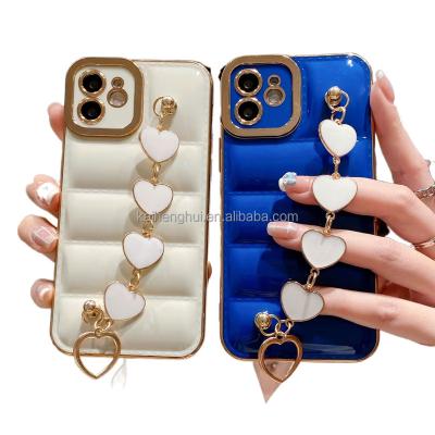 China 2022 shockproof new design fashion 6D leather electroplate love heart wrist strap chain phone case for phone xs max for sale