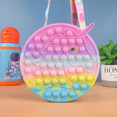 China Eco-Friendly Silicone Backpack Bag Kids Invent Cute Stirring Person Unicorn Purse Push Pop Bubble Kids Cartoon Shoulder Bag Holder for sale