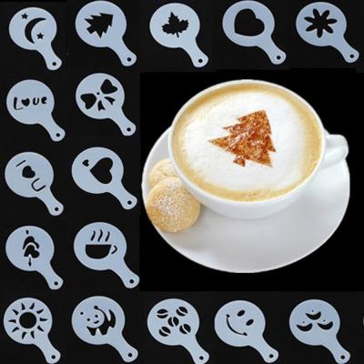 China Morden 16pc Set Coffee Cappuccino Foam Spray Template Bartender Stencil Tool Garland Mold Fancy Coffee Printing Flower Plastic Template for sale