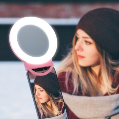 China Mini Supply Pink USB rechargeable Selfie Ring Light RGB led fill light with mirror and clip for phone for sale