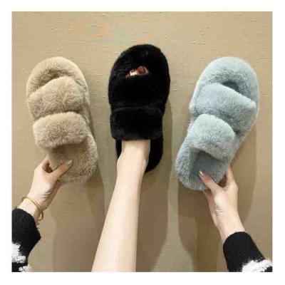 China Luxurious Fluffy Plush Faux Fur Open-Toed Flat Bottom Slippers Fashion Trend Comfortable And Comfortable for sale