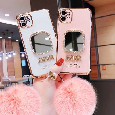 China Makeup mirror shockproof luxury gold plated silicone phone case with hairball for iPhone 13 12 11 pro XR XS max 8 7 plus SE2 for sale