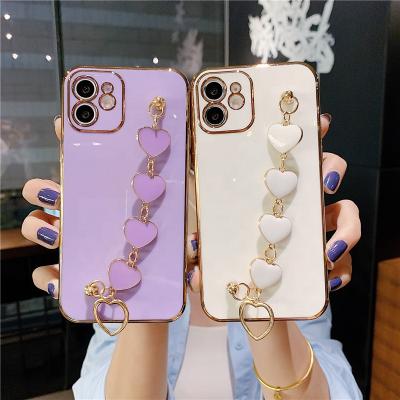 China Anti-fall For iPhone 12 Max Case Luxury Plated Gold Pro Mobile Cases Heart Strap Holder For iPhone 11 Pro 8 7Plus X XS XR Se Max 2020 for sale