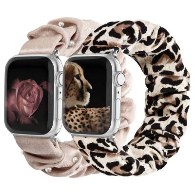 China Girly Design Scrunchies Elastic Watch Bands For Apple Watch 38mm 42mm 40mm 44mm Leopard Flowers Printed Elastic Fabric Strap For iWatch 7 SE 6 for sale