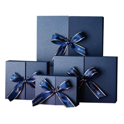 China Luxury Recycled Materials Costom Blue Ribbon Gift Box Wedding Anniversary Present Document Packaging Boxes Jewelry Tissue Cosmetic Shoe Box for sale