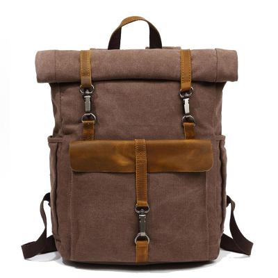 China With Oil Outdoor Leather Wax Color Contrast Color Crazy Horse Canvas USB Backpack USB Retro Waterproof Bag for sale