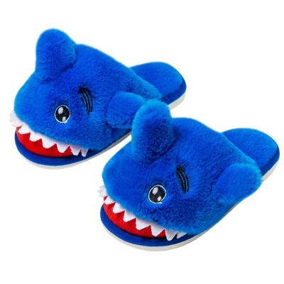 China ZHUBABA Flat Shark Slides Non-slip Indoor Thick Bottom Fuzzy Plush House Slippers Warm Soft Bottom Cartoon Slippers Winter Kids for sale