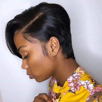 China Silky Straight Wave 13x4x1 T Piece Short Lace Front Human Hair Wigs Pre Density Pixie Cut Wig Brazilian Straight Remy Hair 150% Plucked for sale