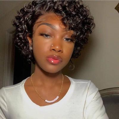 China Curly Curly 12A Cuticle Aligned Brazilian Hair Short Wigs Pre Plucked Kinky Curly Deep Hairline 13x1 Pixie Cut Lace Front Wigs for sale