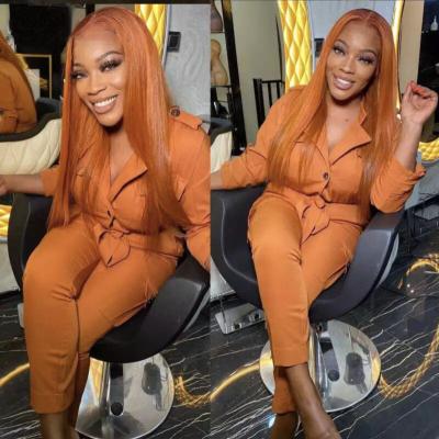 China Silky Straight Orange Lace Front Wigs Brazilian Invisible Lace Front Human Hair Wigs Pre Wave 13X4 Ginger Color Silky Straight Transparent Plucked for sale