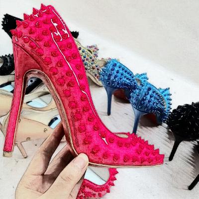 China Luxury Anti-slippery 12cm 10cm 8cm 6cm high heel rivets women shoes pumps shoe factory size 43 big red bottom for sale