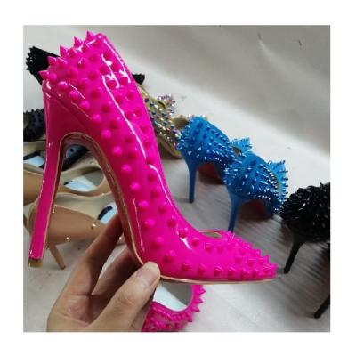 China 2022 Anti-slippery Luxury Brand 12cm 10cm 8cm 6cm Women Pumps High Heel Shoes Rivet Pointed Toe Bottom Pumps Ladies Big Size Red for sale