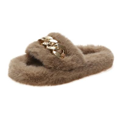 China New Fashion Trend Fur Slipper Winter All-match Warm Fluffy Women Slippers Female Plush Slides Slippers With Metal Chain for sale