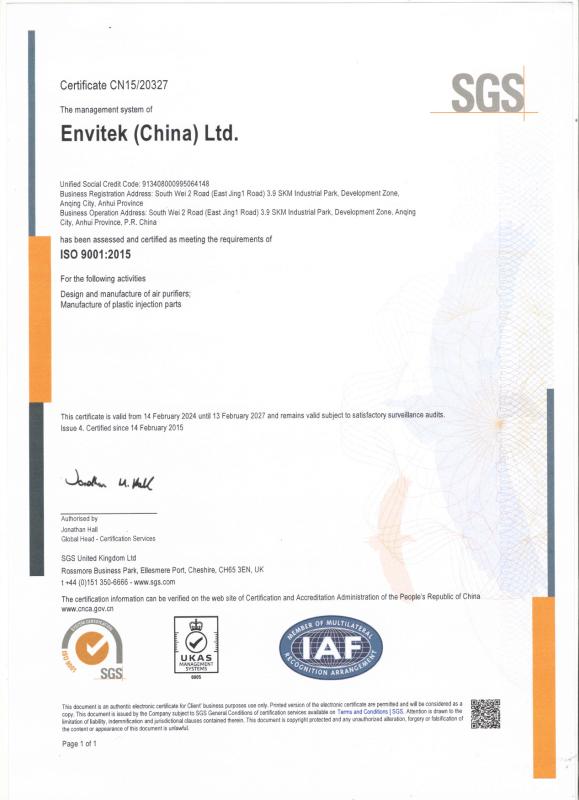 Management Certificate ISO 9001 - Envitek(China)Ltd.