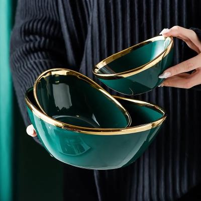 China Luxury Vessel Shaped Ceramic Fruit Bowls Stocked Rim Safe Factory Made Mixing Bowl Dishwasher Gold Salad Fruit Bowls for sale