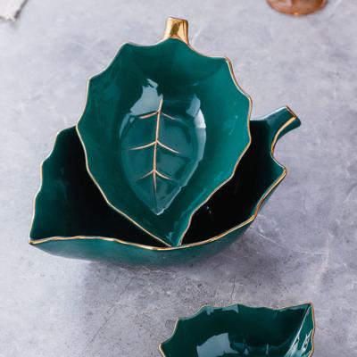 China Home Stocked Decor Fruit Dish Leaf Shaped Green Ceramic Soup Fruit Bowls With Gold Rim for sale