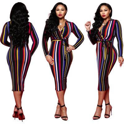 China Fashion Women Office Stripe Pencil Breathable Dress For Ladies V Neck Long Sleeve Casual Dresses for sale