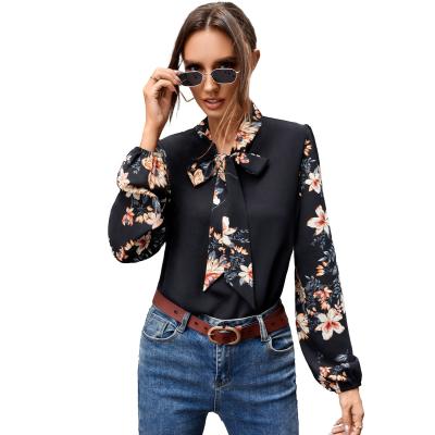 China Elegant Printed Ladies Shirt Women Breathable Spring Shirts Autumn Tops Office Chiffon Blouse for sale