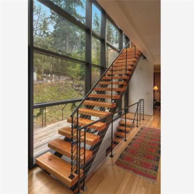 China Contemporary Home Interior Straight Staircase Wooden Steps And Steel Railing for sale