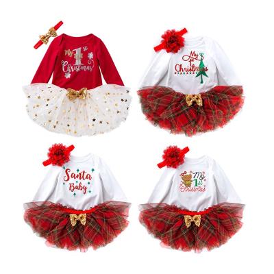 China Anti-Shrink Newborn Little Baby My First Christmas Dress Outfit Festival Long Sleeve Cotton Romper Clothes Set To Take His First Steps Mesh Tutu Skirt for sale