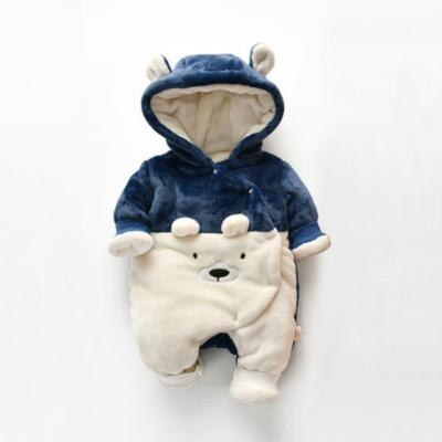 China Newborn Bear Embroidery One-Piece Baby Winter Clothes Button Thick Hooded Romper Baby Hidden Romper for sale