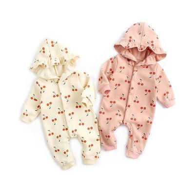 China Wholesale 100% Cotton Baby Romper Ins. Equipment Cherry Ruffle Hoody Toddler Kids Long Sleeve Winter Clothing Overalls Factory Price for sale