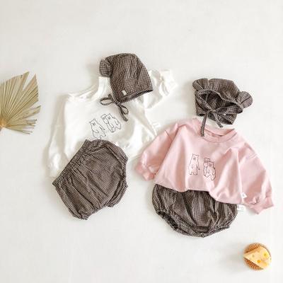 China Anti-Static Baby Cartoon Printed Sweatshirts Small Plaid Bloomers Bread Pants With Hat Three PCS Outfits for sale