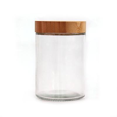 China 730ml Wide Mouth Viable Glass Airtight Clear Supplier Jar Food Storage Jar Container With Bamboo Wood Lid for sale