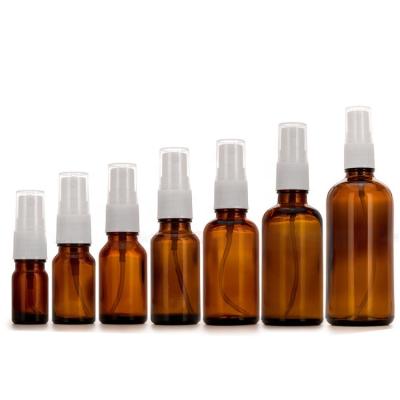 China 15ml 30ml 50ml 100ml Eco-friendly Recyclable Amber Glass Spray Bottle With White Mist Sprayer for sale