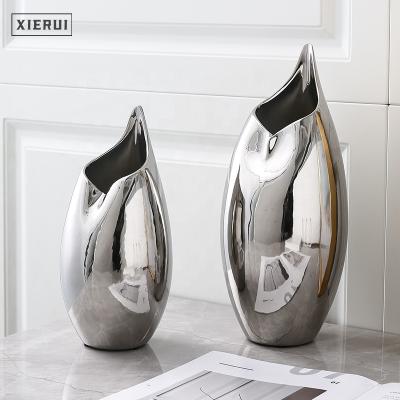 China Minimalist glitter mirrored silver modern minimalist European ceramic mouth sharp art and porcelain vase living room decor interior accessories for sale