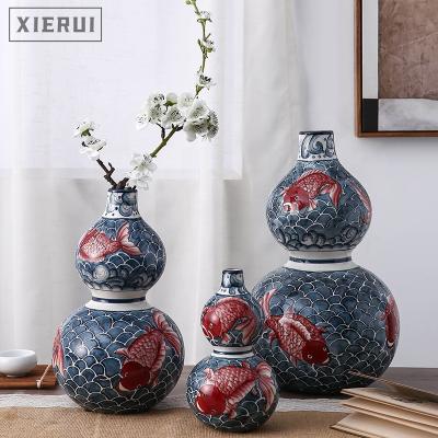 China Traditional Hand Painted Ceramic Gourd Vase Set For Home Decor Luxury Chinese Antique Blue And White Porcelain Ornaments for sale