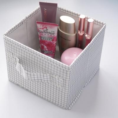 China Hot Selling Viable Square Folding Small Lattice Cosmetic Storage Box Organizer Bin With Carry Handles Storage Boxes for sale