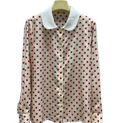 China Breathable wave point printed high-end silk shirt Hong Kong style contrast color lapel top soft aging spring and autumn women for sale