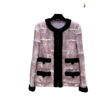 China Anti-wrinkle girl contrast round neck tube cardigan cha soft top thin straight high end plaid woven tweed coat for sale