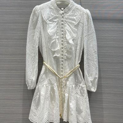 China Breathable Soft Bubble Sleeve Lace Hollow Out White Embroidery Ruffle Dress Spring for sale