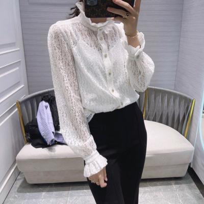 China Floerns Women's Breathable Pearl Mesh Long Sleeve Tops Sheer Blouse Hollow Out Perspective Lace Shirt for sale