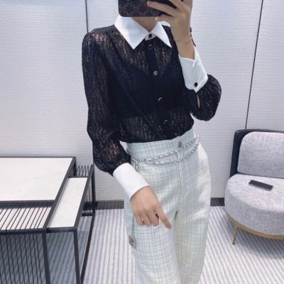 China LOLONG Breathable Women's Long Sleeve Tops Stretch Henley Lace Tunic Blouse Slim Button Up Shirts Perspective Lace Shirt for sale