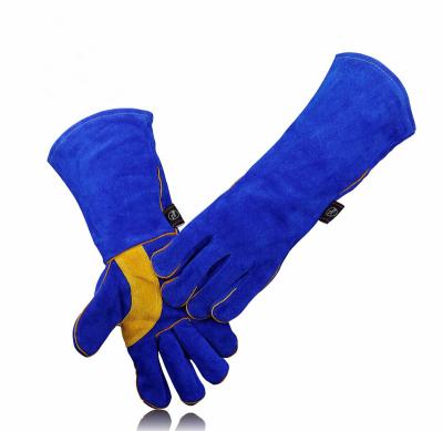 China Fire proof Blue long wear-resistant, heat-resistant and high-temperature-resistant cow leather welder welding work gloves for sale