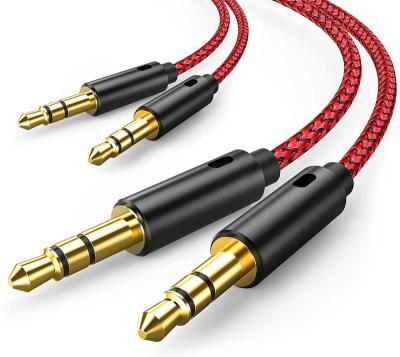 China Red Nylon Braided Aux Cable Car Extension Connector 24K 3.5mm Cable Gold Plated Male Custom Car Audio To Male Headphone Jack Cable for sale