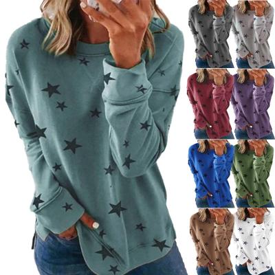 China Breathable Breathable Women Long Sleeve Star Print Sweatshirt Side Split Pullover Plus Size Party Tunic Casual Solid Tops for sale