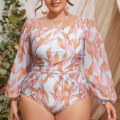 China European and American new product launch breathable long chiffon sleeve printing conservative swimwear for plus size women for sale