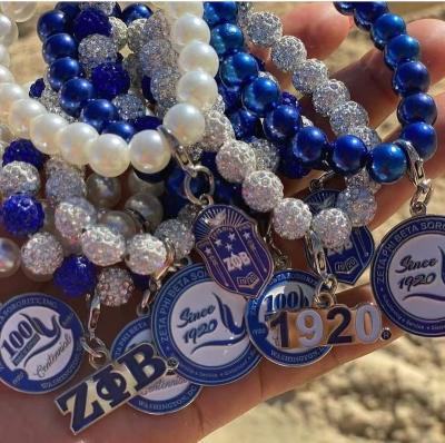 China Customized Other Design ZPB Pearl ZETAA PHI BETAA Sorority Rhinestone Charm Bead Blue White Bracelet for sale