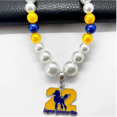 China Cute Custom Metal Doved Greek Letter Company ZPHIB Blue Charm Badge Shield Pendant Bead Chain Necklace for sale