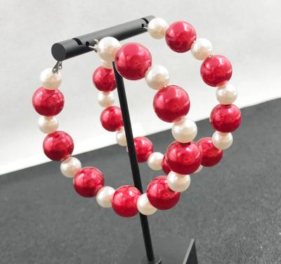 China Cute Custom Greek Sorority Imitation Red White Pearl Round Circle Alpha Pearl Hoop Earring Soror Earrings for sale