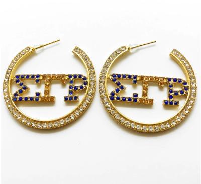 China Big Size SIGMA RHO GAMMA Letter Metal Earrings Sorority Society Rhinestone Jewelry Round Ear Drop Cute Custom Made for sale