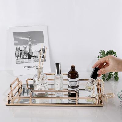 China Eco-friendly High Quality Modern Gold Home Rectangle Metal Serving Tray With Handle for sale